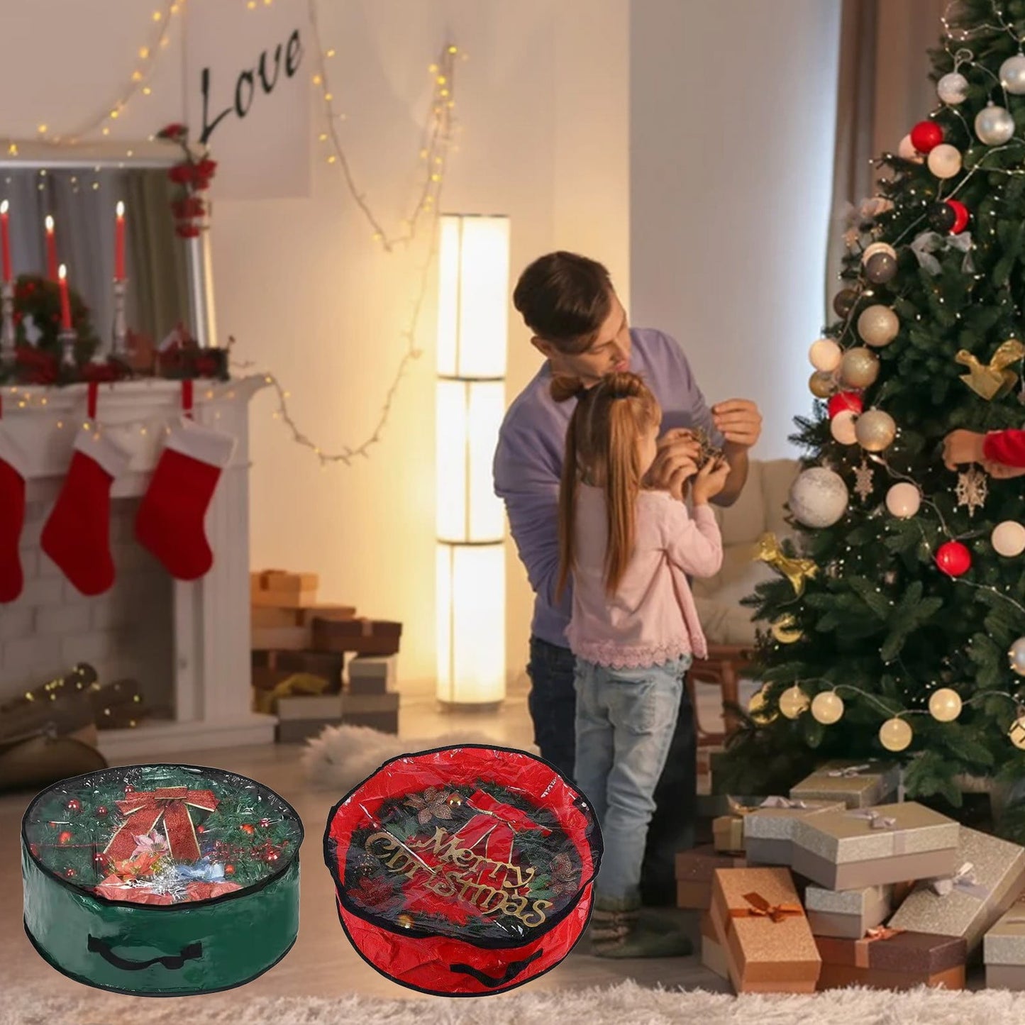 Christmas Wreaths For Front Door,Christmas Door Cover,Christmas Wreath Storage Bag 24 Inch With Clear Window - Red & Green Tear-Resistant Plastic Holiday Garland Container