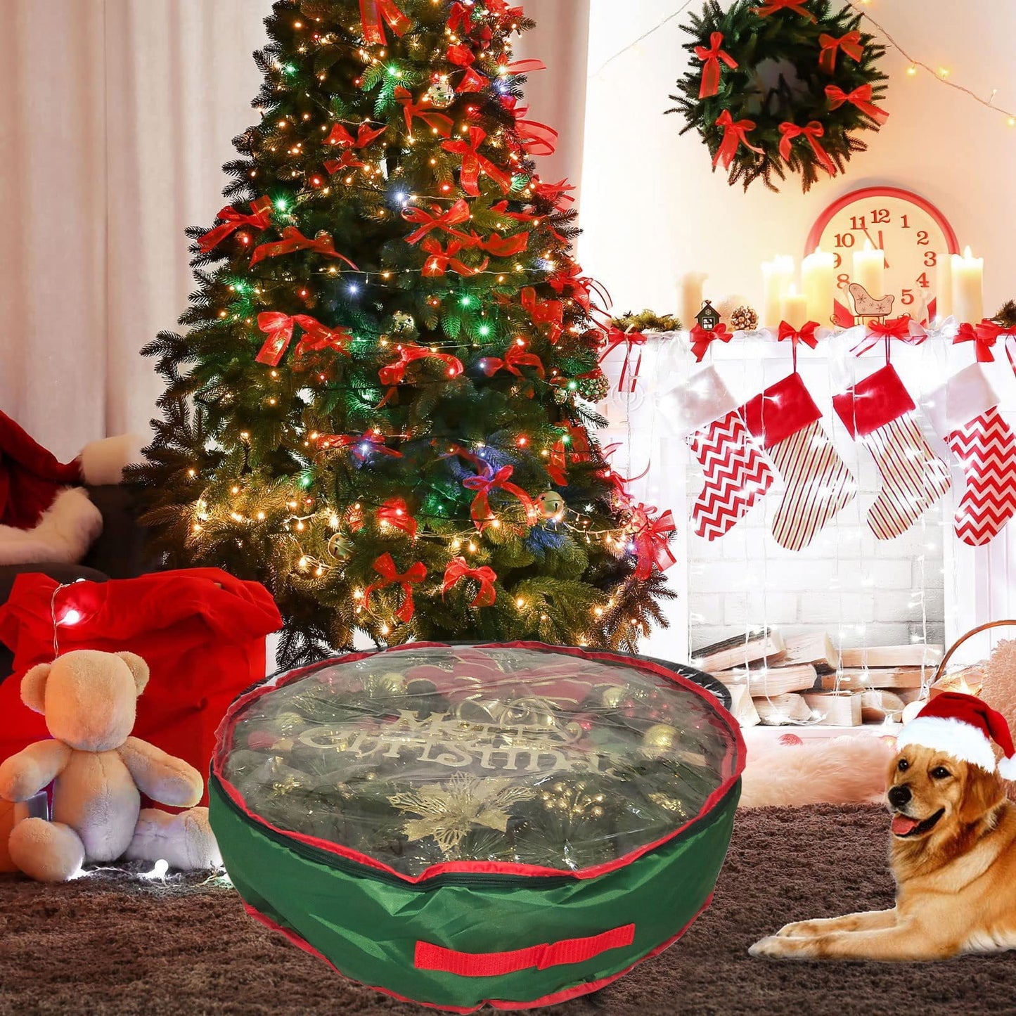 Christmas Wreaths For Front Door,Christmas Tree Bag,Christmas Tree Storage,Christmas Door Cover,Round Christmas Wreath Storage Bag,Round Transparent Basketweave Fabric Pvc Wreath Storage Box
