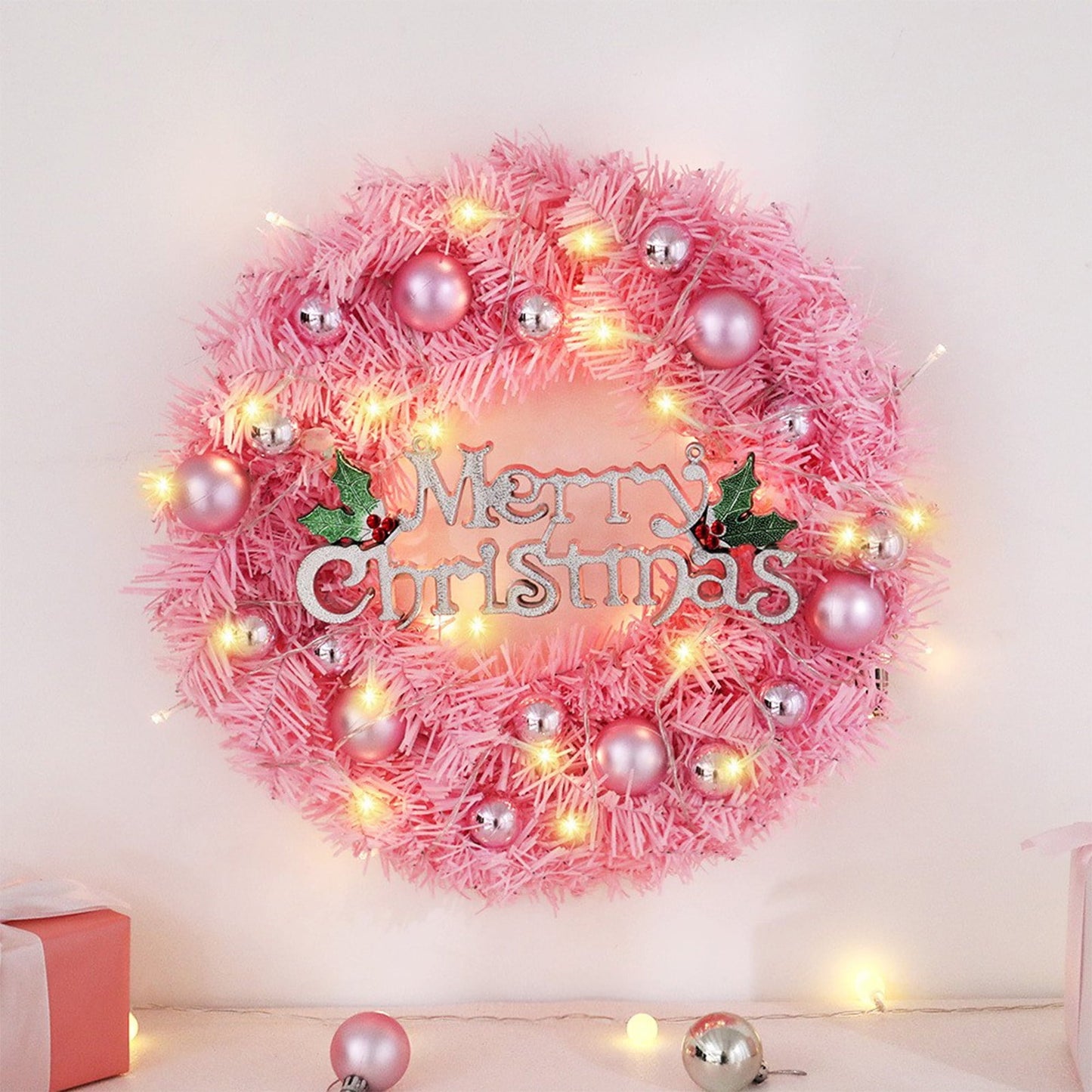 Christmas Decor 2025,Christmas Lighting Decoration Wreath Maiden Style Artificial Christmas Wreath Door And Window Hanging Decoration Christmas Scene Decoration Props,Pink