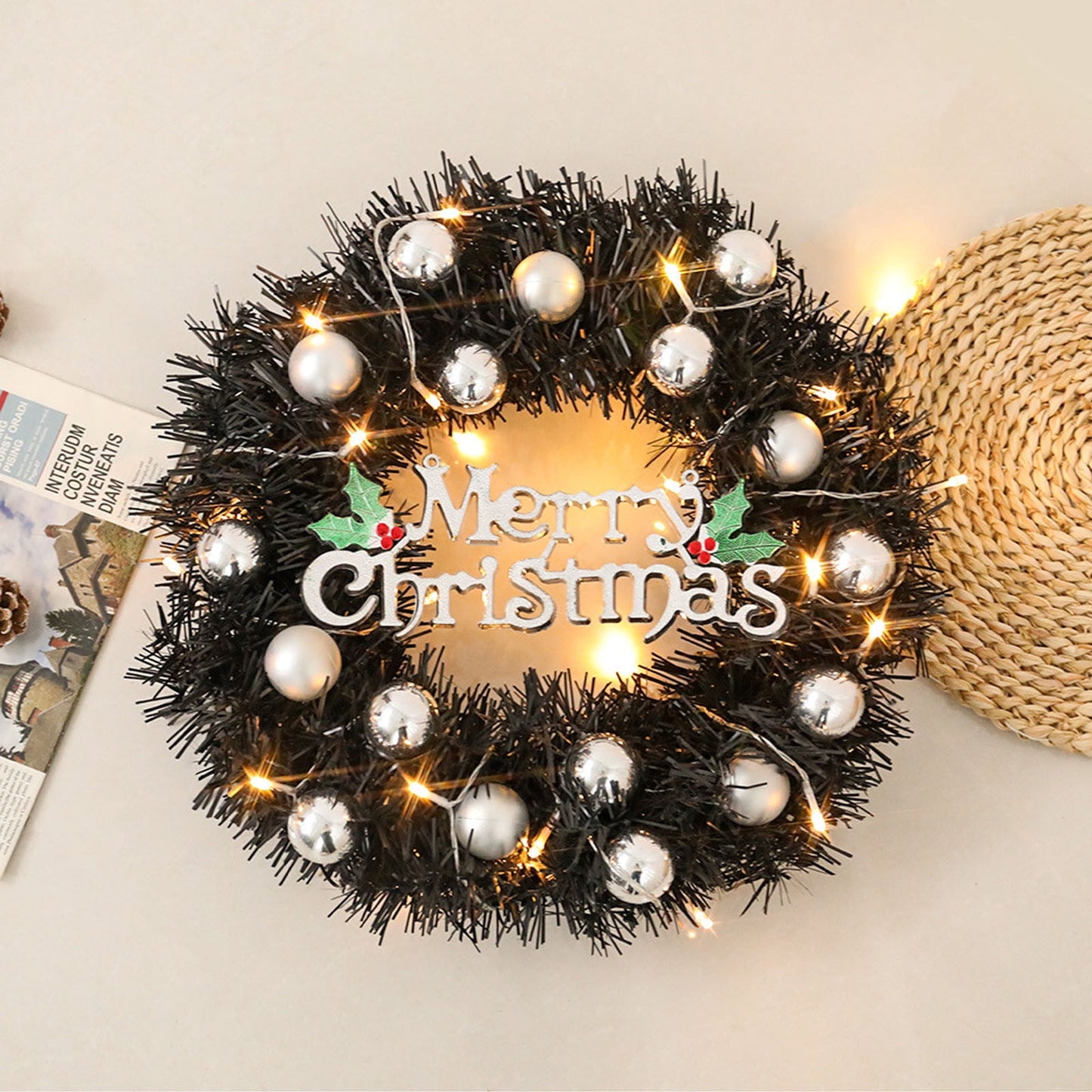 Christmas Decor 2025,Christmas Lights Decorative Wreaths LED Glowing Wreaths Artificial Christmas Wreaths Door And Window Hanging Decoration Christmas Scene Decoration Props,Black