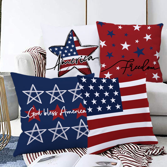 Patriotic Decorations,Set Of 4 Patriotic Throw Pillow Covers 18X18 Velvet 4Th Of July Pillow Covers Memorial Day American Flag Red White Blue Cushion Covers Fourth Of July Pillow Cases