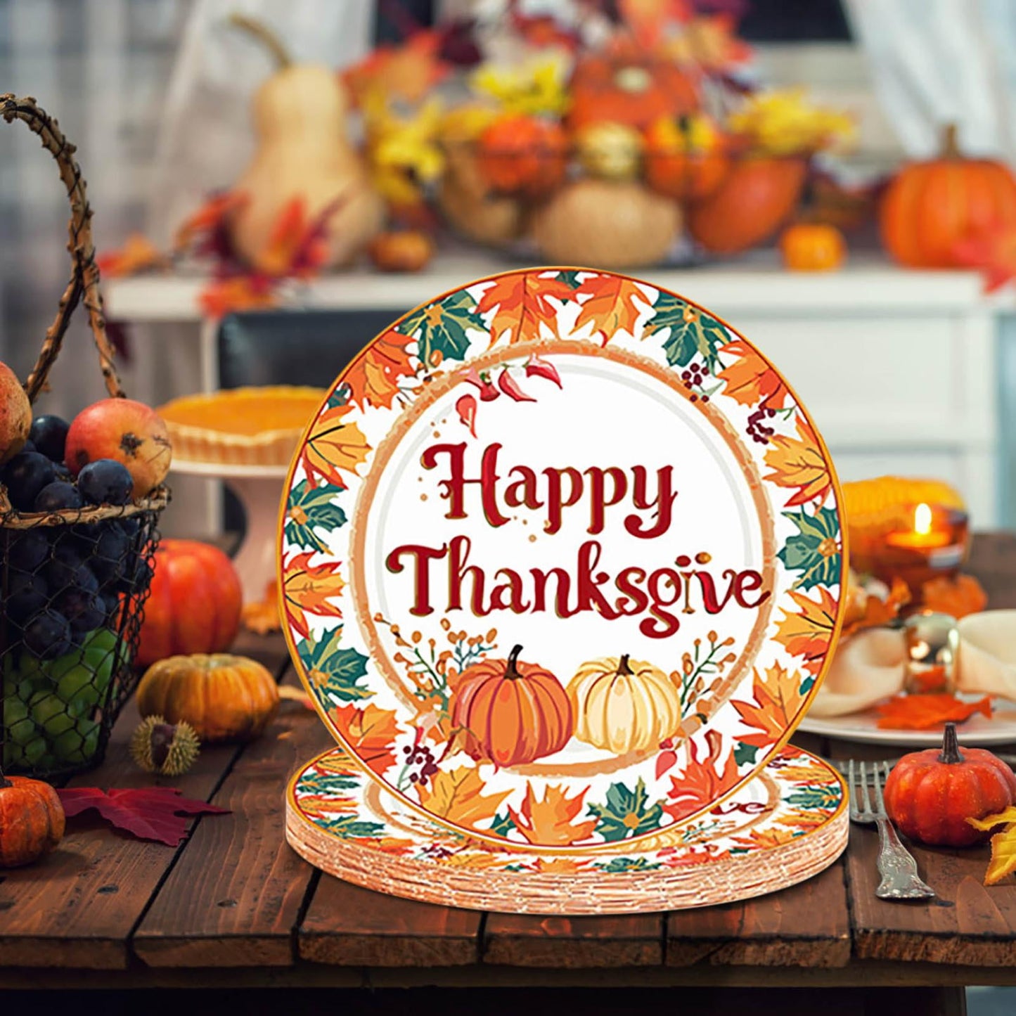 24Pcs Fall Paper Plate Thanksgiving Disposable Plates Pumpkin Maple Leaves Patterns Dinner Plates Dessert Plates Tableware Supplies for Thanksgiving Harvest Autumn Party Decor 7-inch