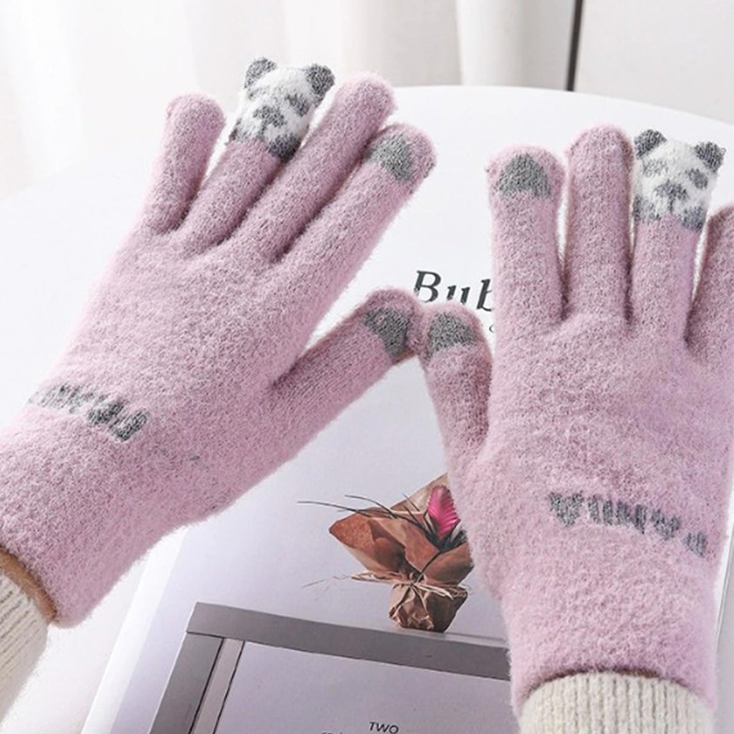 Cute Red Panda Plush Touch Screen Gloves,Women Winter Warm Cozy Soft Thick Fleece Fluffy Fuzzy Touchscreen Gloves Panda,Thermal Gloves Winter Plush Gloves,Cycling Knitted, Autumn Girls Cold Resistant