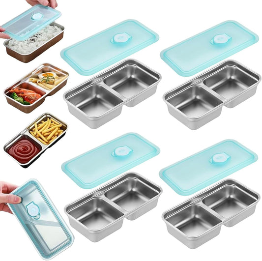 Stainless Steel Snack Containers Reusable, 2025 Double Compartment Snack Containers with Lids, Grab and Go Divided Snacks Dips for Travel and Outdoor Camping, Durable Food Storage,4PCS