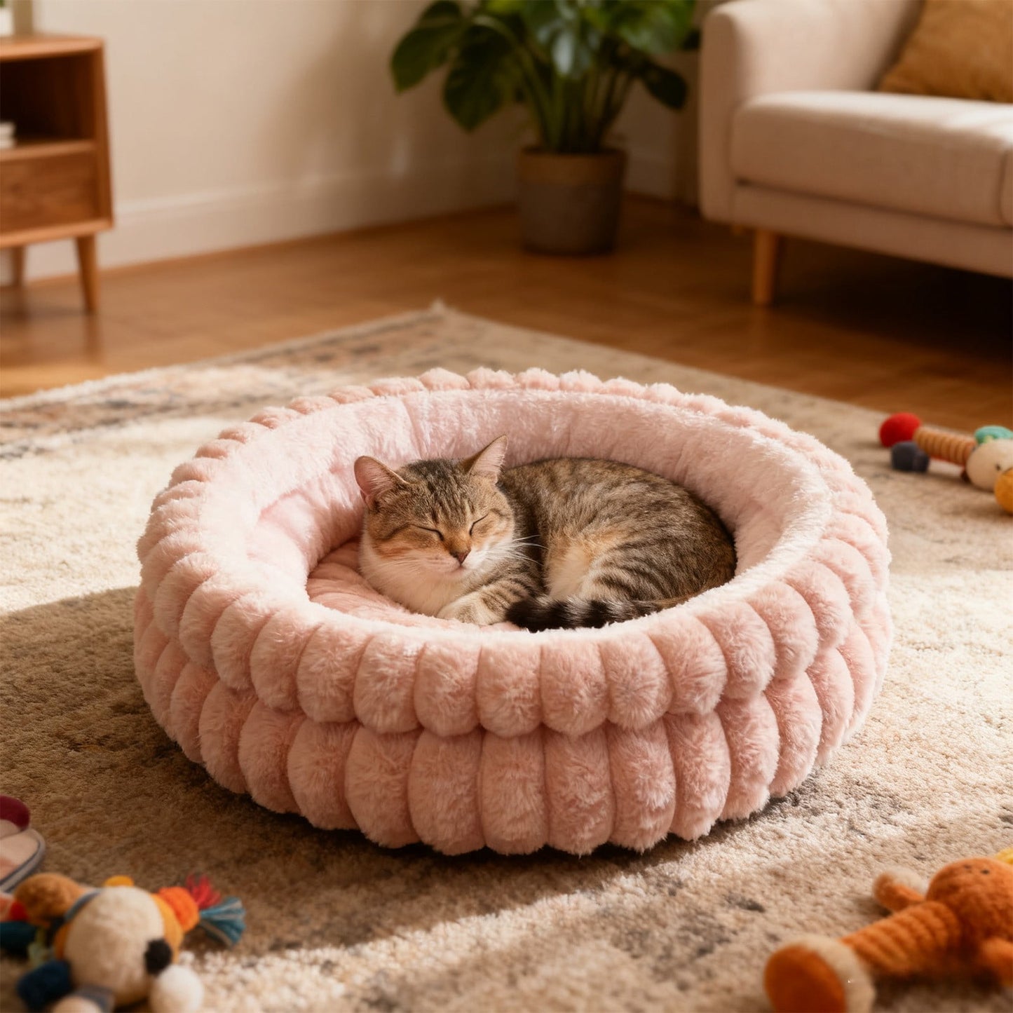 Dog Bed,Cat Beds For Indoor Cats,Plush Round Cat Bed With Bolster, Soft Fluffy Nest For Indoor Cats And Small Dogs, Comfortable Warm Pet Cushion With Non-Slip Base