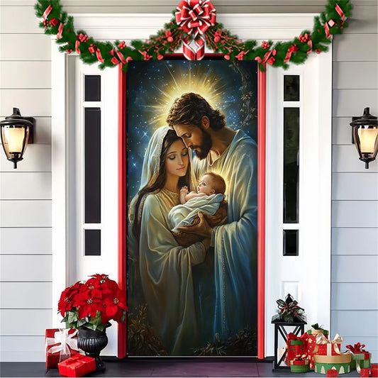 Elastic Fabric Front Door Cover For 2025 Christmas And Halloween, Outdoor Holiday Decoration, Seasonal Door Wrap For Porch, Party, And Home Festive Displays