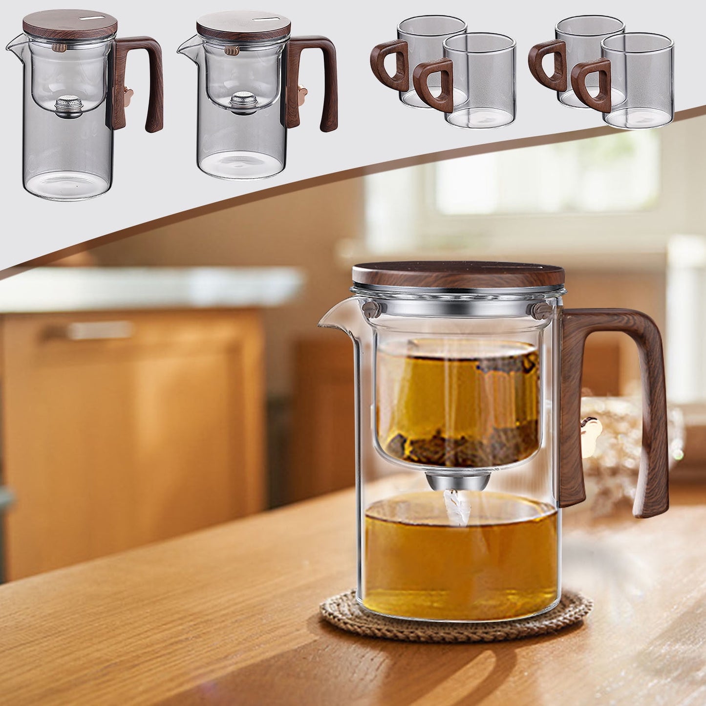 Enchanti Tea Pot,Witchcraft Teapot,Enchantipot Magic Tea Pot,Magic Teapot with Infuser, Water Separation Glass Teapot with Wooden Handle, 2024 Press Control Glass Teapot For Loose Tea (520ml+2*cups)