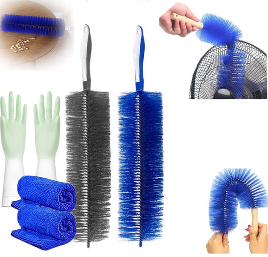 Flexible Fan Dusting Brush (Non-disassembly Cleaning),Fan Brush,Bendable Dusting Brush, Microfiber Dust Collector, Electric Fan Cleaner, Fan Cleaning Brushes,Blue+Gray++Towel+Gloves