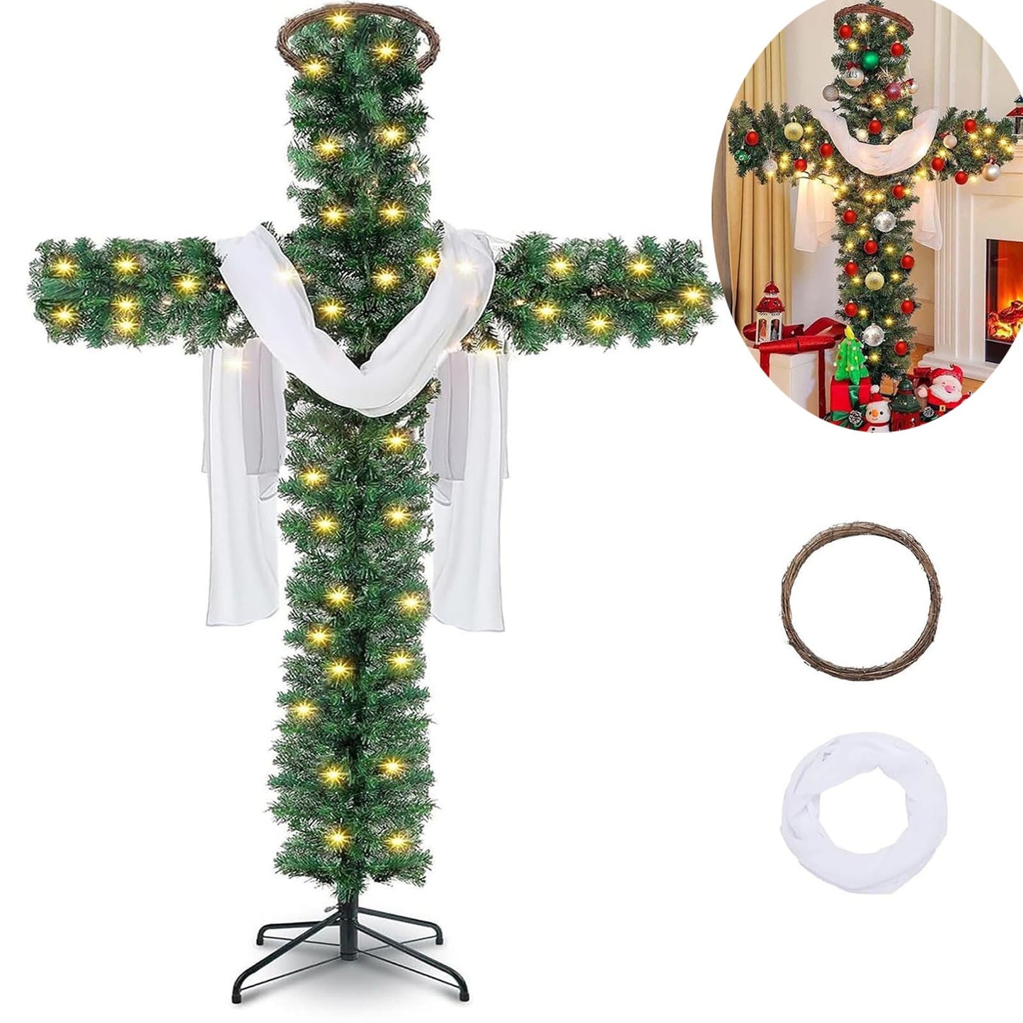 Foldable Cross Christmas Tree,5FT Foldable Christmas Tree Cross,Pre-Lit Artificial Pine Christmas Cross, Outdoor Staked Twinkling Christmas Trees, with LED Light and Silk Scarf Wood Rattan Ring