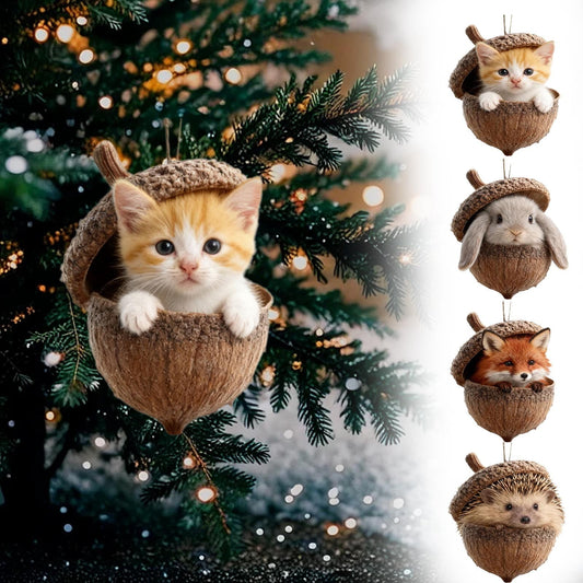 Forest Animal Acorn Ornament,Sleeping Forest Animal Christmas Ornaments Forest Christmas Tree Decoration,2D Acrylic Ornament,Woodland Christmas Ornament,Sleeping Owl Christmas Tree Animal Pattern