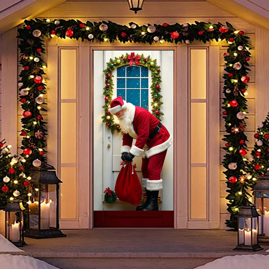 Funny Santa Claus Christmas Door Covers For Front Door,Christmas Door Curtain,Christmas Door Hanging Backdrop Decorations,Christmas Scene Layout Background Cover,Home Indoor Outdoor Winter Holiday