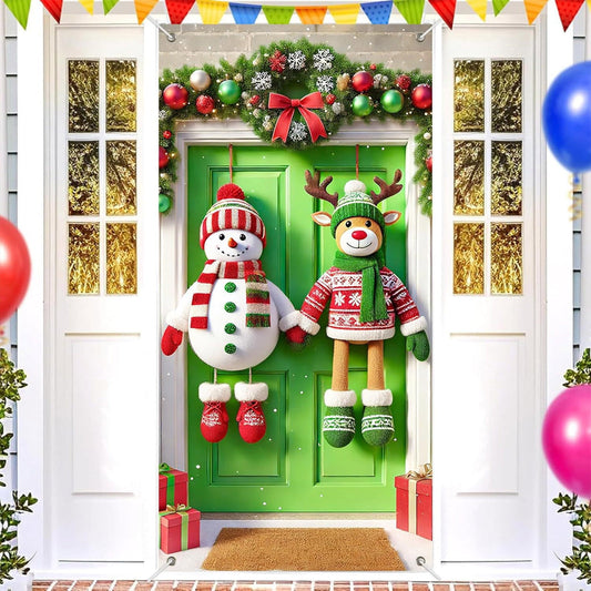 Green 35X71In Christmas Door Cover,Dwarf/Santa Claus/Christmas Tree/Garland/Snowman Christmas Door Decorations,Merry Christmas Front Door Decoration,Holiday Party Christmas Decorations Indoor,Outdoor