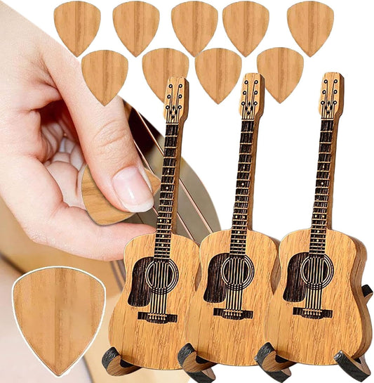 Guitar Pick Case,Wooden Acoustic Guitar Pick Case with 3 Pcs Guitar Pick,Guitar Pick Box with Stand,Wooden Guitar Picks,Guitar Pick Holder,Engraved Wooden Plectrum Case Acoustic Guitar Box,3PCS