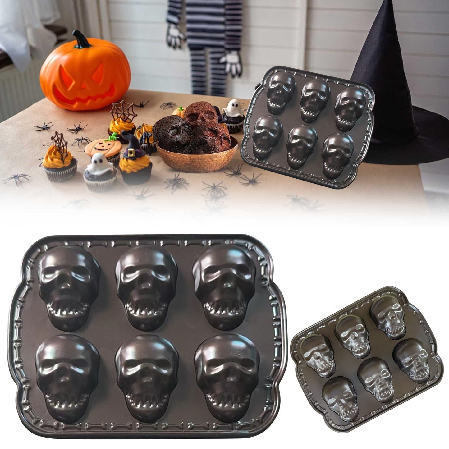 Halloween Baking Supplies,6pc Skull Silicone Cake Mold Set,Non-Stick Baking Tray,Large Cupcake Mould for Party,DIY Spooky Dessert Tools