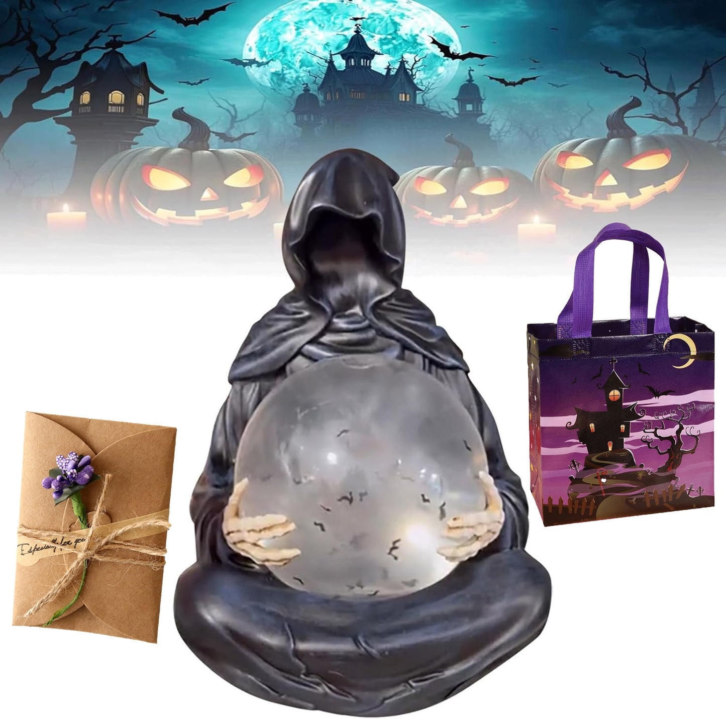 Halloween Suriel & Floating Bat Crystal Ball ,Suriel Bookshelf Figure Decor| Halloween Figurine, Fantasy Decor Grim Reaper Statue, Grim Reaper With Crystal Ball Creepy,Statue Bat,1SET