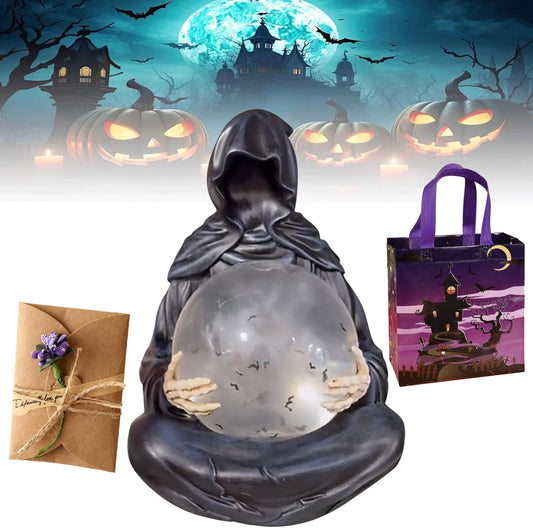 Halloween Suriel & Floating Bat Crystal Ball ,Suriel Bookshelf Figure Decor| Halloween Figurine, Fantasy Decor Grim Reaper Statue, Grim Reaper With Crystal Ball Creepy,Statue Bat,1SET