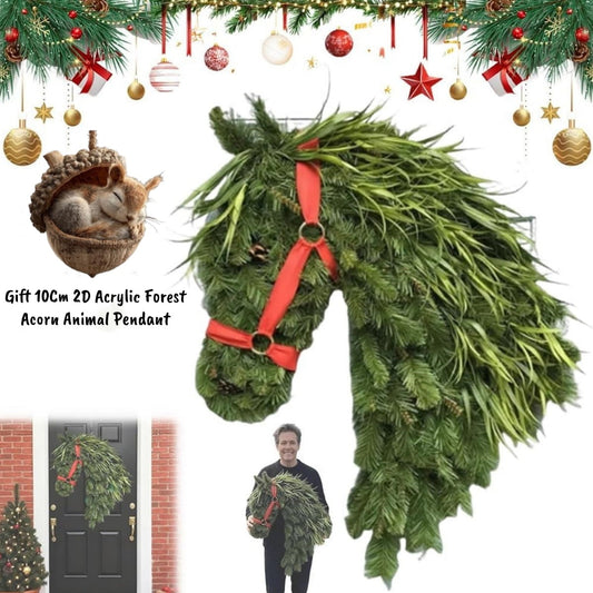 Handmade Horse Head Wreath,Horse Head Christmas Wreath,Equestrian Door Decor Horse Christmas Decorations For Front Door,Artificial Branch Decoration For Home Outdoor Garden