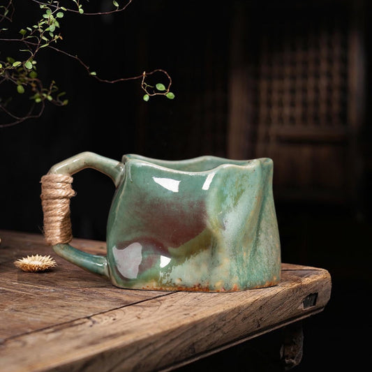 Handmade Pottery Coffee Mug, Retro Special-shaped Mugs, Rough Pottery Hand Knead Irregular Nordics Style Coffee Cups for Office and Home, Big Handle Easy to Hold Handmade Pottery Coffee Mug