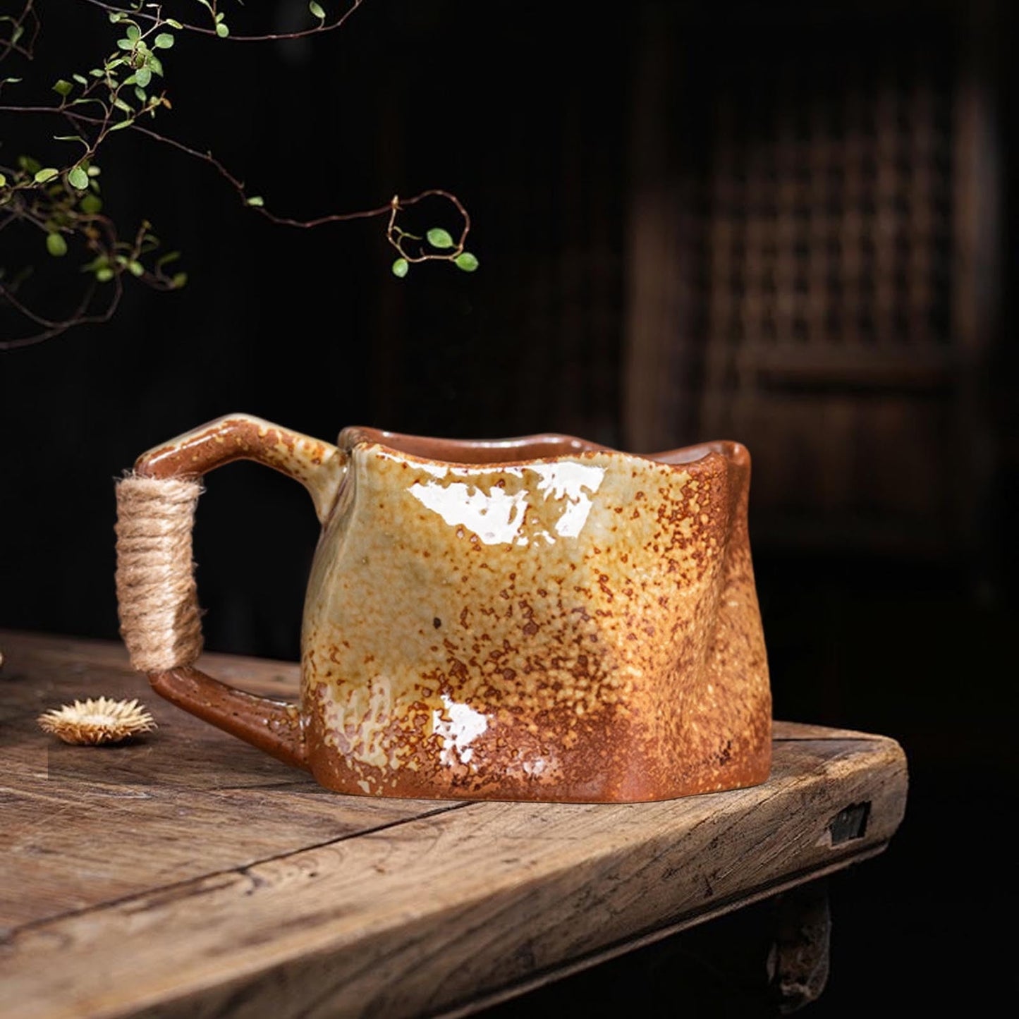 Handmade Pottery Coffee Mug, Retro Special-shaped Mugs, Rough Pottery Hand Knead Irregular Nordics Style Coffee Cups for Office and Home, Big Handle Easy to Hold Handmade Pottery Coffee Mug