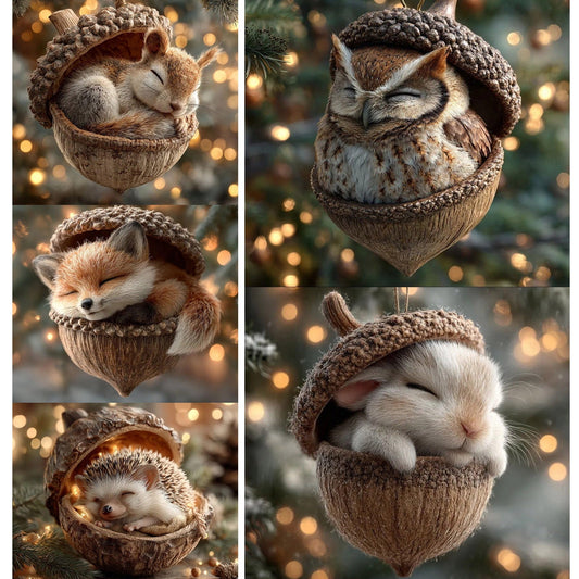 Hazelnut Forest Animal Acorn Ornaments ¨C Cozy Forest Christmas Ornament,New Woodland Creatures Christmas Ornaments,2D Flat Acrylic Pine Cone Animal Decoration,Christmas Tree Decor,Car Mirror,Gift