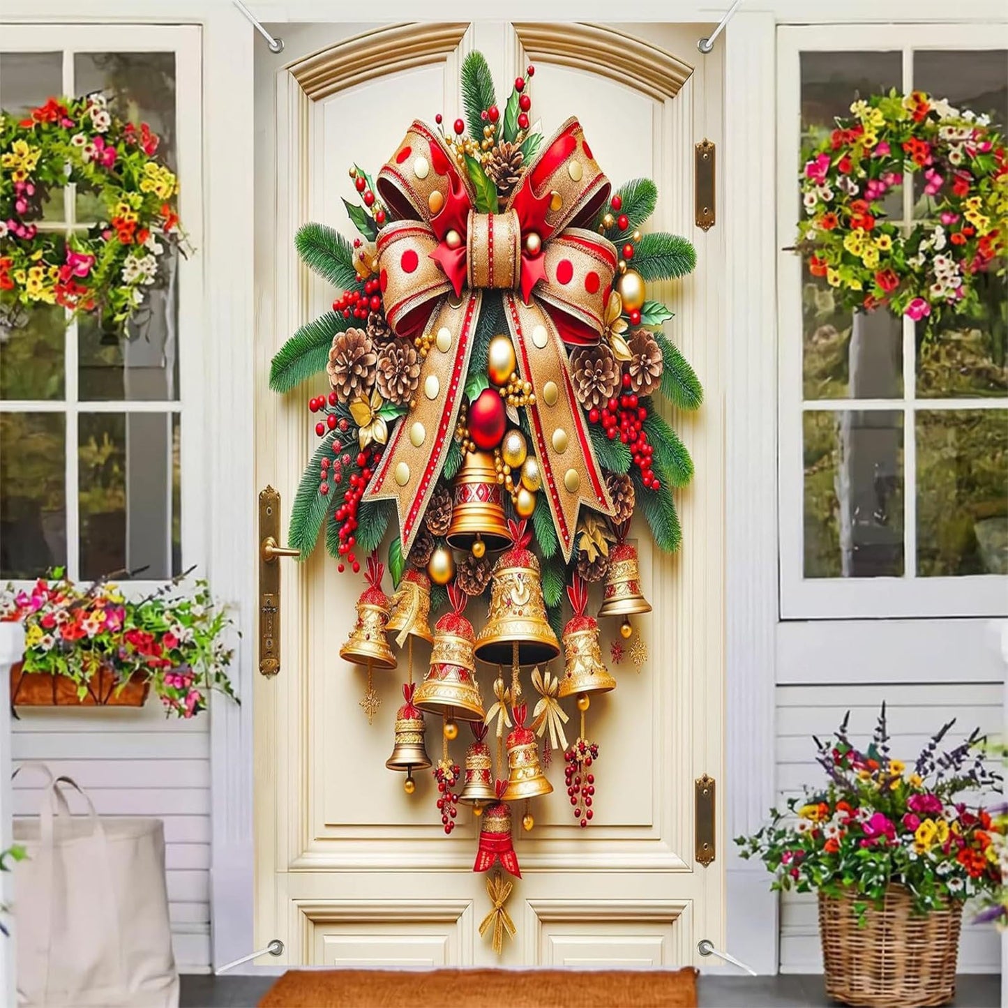 Holiday Door Curtains Decorative Banners With Bells And Bows Christmas Door Decorations For Seasonal Photography Background And Festive Parties