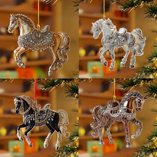 Horse Ornaments For Christmas Tree,Equestrian Decor Christmas Horse Christmas Ornaments,Christmas Acrylic Ornament,Metal Horse Ornament With Rhinestones,For Holiday Xmas Party Favor Supplies