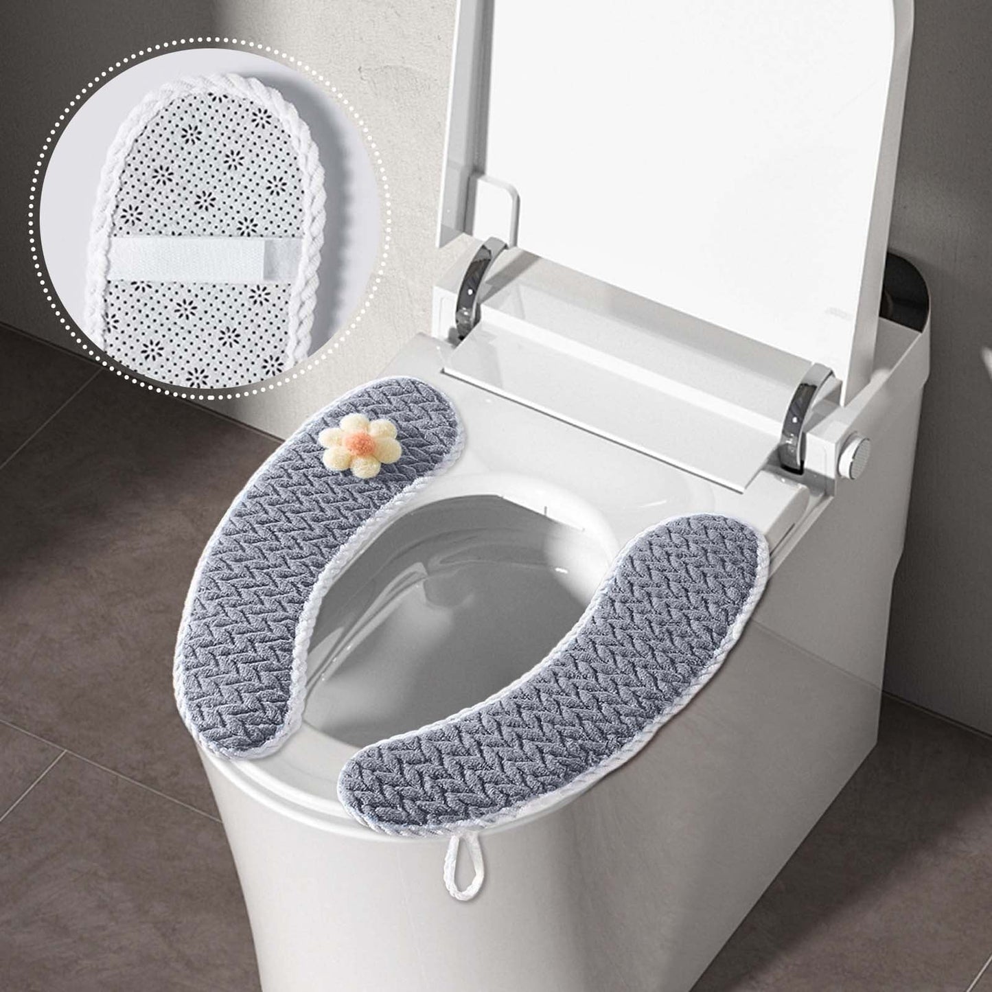 Household Thickened Toilet Seat Warmer Covers With Handle,Toilet Seat Cushion,All-Season Compatible,Cartoon Portable,Soft Knitted Washable Set,Washable Full Surround Elastic Round & Rectangular Seats