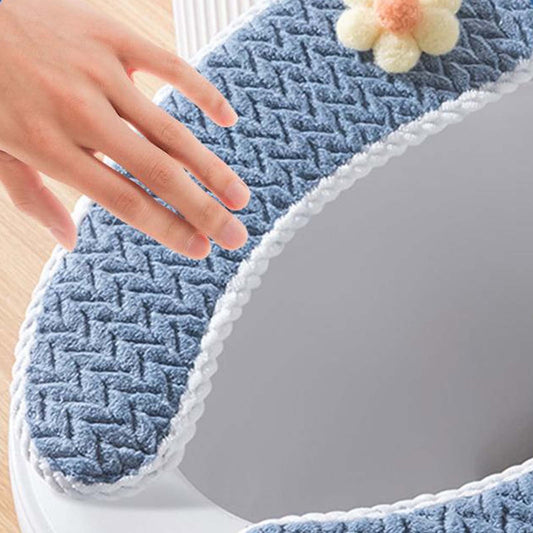 Household Thickened Toilet Seat Warmer Covers With Handle,Toilet Seat Cushion,All-Season Compatible,Cartoon Portable,Soft Knitted Washable Set,Washable Full Surround Elastic Round & Rectangular Seats