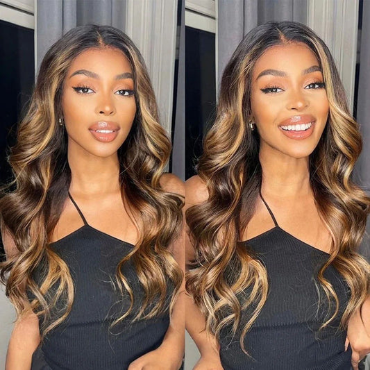 Human Hair Wig,CELNNCOE Glueless Brown Mixed Blonde Highlights Loose Wave Long Wig