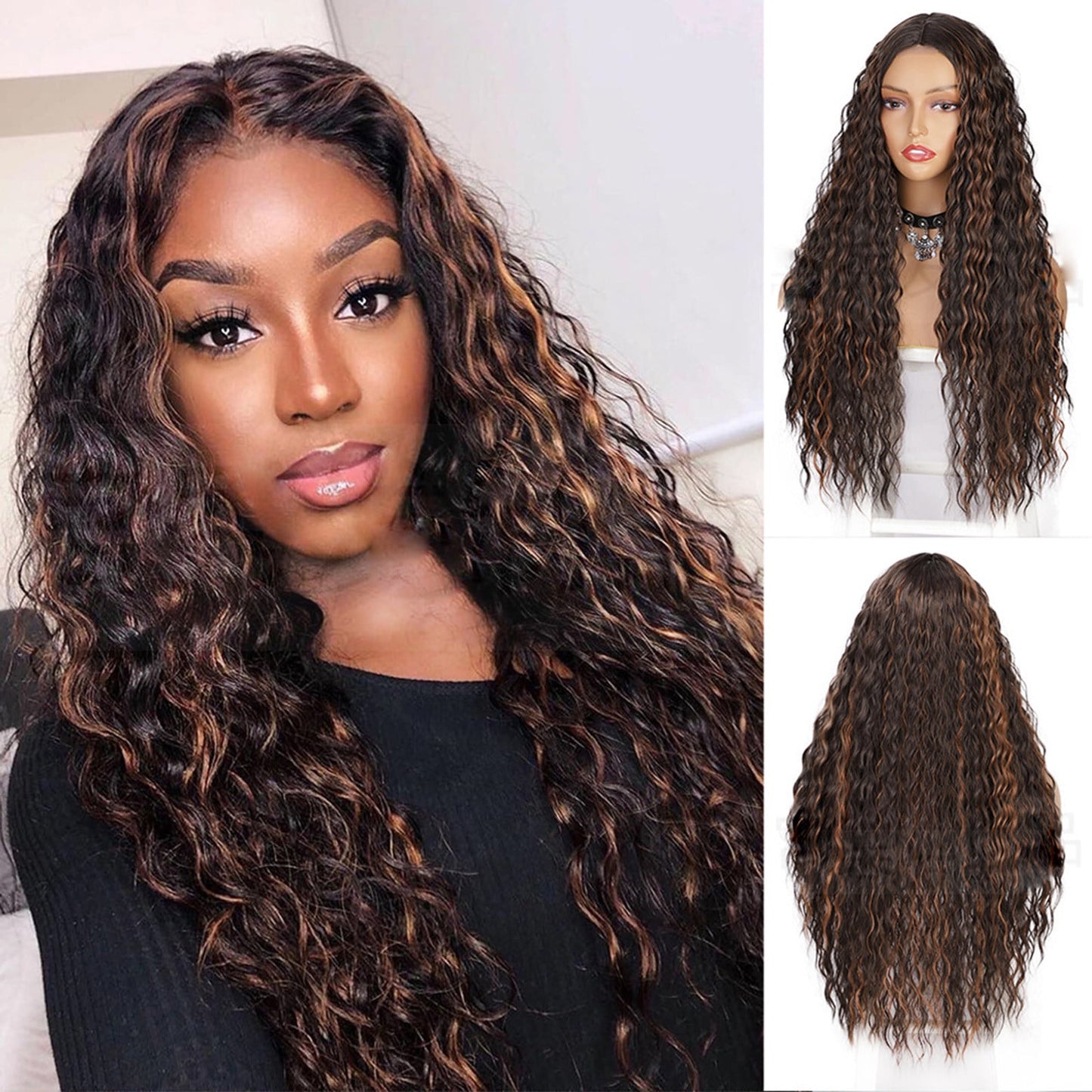Human Hair Wig,CELNNCOE Ladies Front Set Black Mid-length Curly Hair Simulation Wig