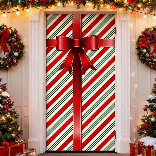 Large Christmas Door Cover With Festive Holiday Artwork, Elastic Fabric Door Curtain For Wall And Front Porch Seasonal Decorations And Party Backgrounds