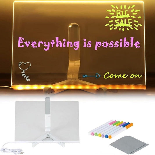 Led Note Board With 7 Colors Pen, Acrylic Dry Erase Board With Light And Stand, Led Acrylic Message Board,Glowing Acrylic Message Marker Board For Office School Home Memo Board Note