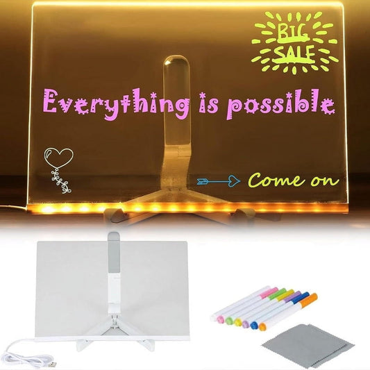Led Note Board With 7 Colors Pen, Acrylic Dry Erase Board With Light And Stand, Led Acrylic Message Board,Glowing Acrylic Message Marker Board For Office School Home Memo Board Note