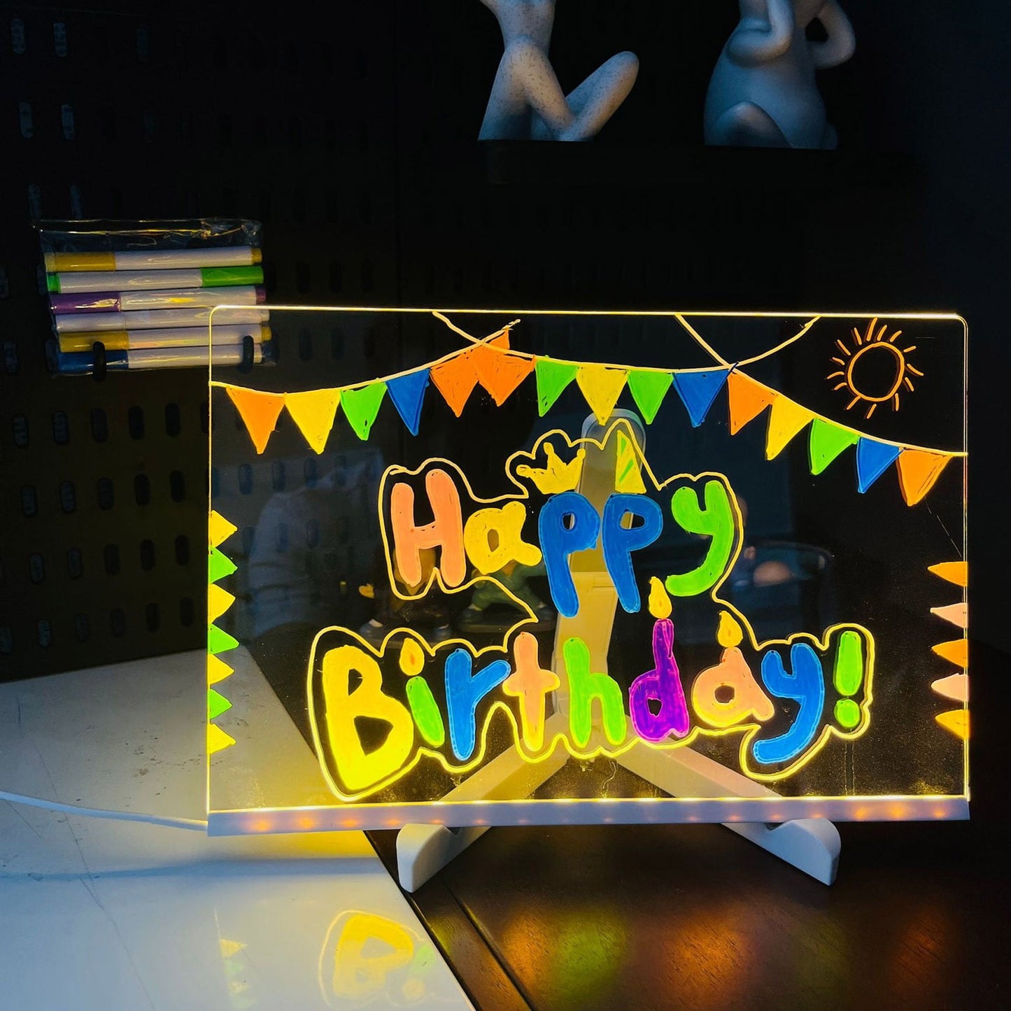 Magic Board with 12 Color Pens/3 Specification/Adjustable Stand, Led Drawing Board, Kids Neon Drawing Pad - Soft Eye Protection Light