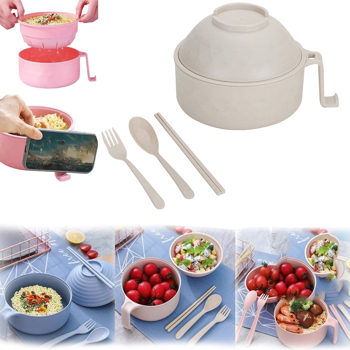 Microwave Ramen Cooker,Microwave Ramen Bowl with Lid,Microwave Ramen Bowl Set, Microwave Ramen Bowl with Strainer, Ramen Bowl with Handle That Apartment Essentials Dishwasher-Safe