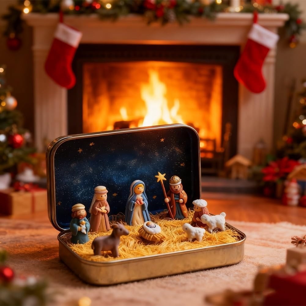 Mini Nativity Sets & Figures,Nativity Scene,Mini Christmas Nativity Set In A Tin Box,Handcrafted Pocket Size Nativity Scene Gift Tin,Resin Nativity Sets & Figures, Christmas Decoration,Chritmas Gift