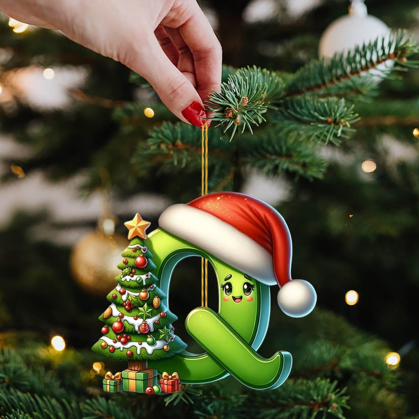 Personalized Diy Green 26 Initial Letter Monogram Ornaments,26 Letters Alphabet Christmas Ornaments With Santa Claus Mini Xmas Tree, For Christmas Tree,Holiday Hanging Decorations & Party Gifts