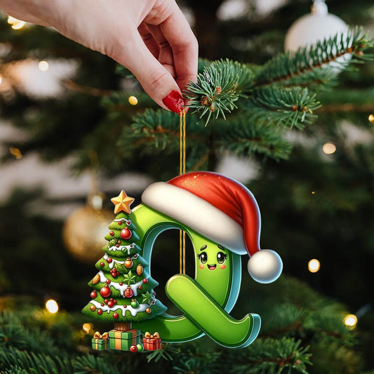 Personalized Diy Green 26 Initial Letter Monogram Ornaments,26 Letters Alphabet Christmas Ornaments With Santa Claus Mini Xmas Tree, For Christmas Tree,Holiday Hanging Decorations & Party Gifts