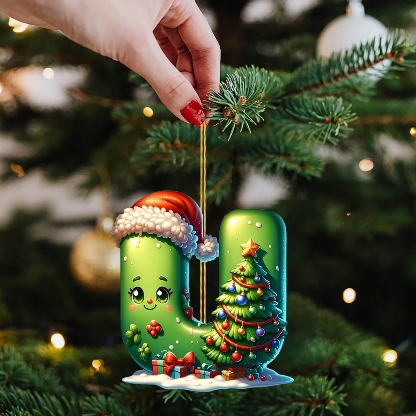 Personalized Diy Green 26 Initial Letter Monogram Ornaments,26 Letters Alphabet Christmas Ornaments With Santa Claus Mini Xmas Tree, For Christmas Tree,Holiday Hanging Decorations & Party Gifts