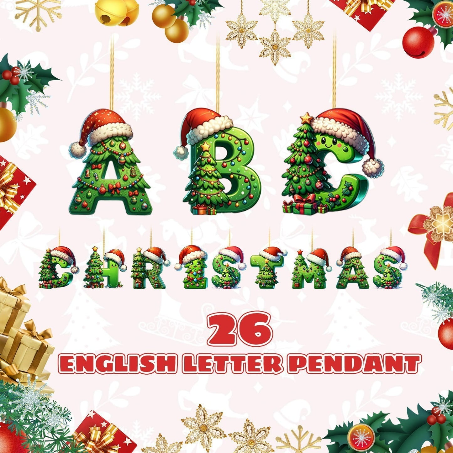 Personalized Diy Green 26 Initial Letter Monogram Ornaments,26 Letters Alphabet Christmas Ornaments With Santa Claus Mini Xmas Tree, For Christmas Tree,Holiday Hanging Decorations & Party Gifts