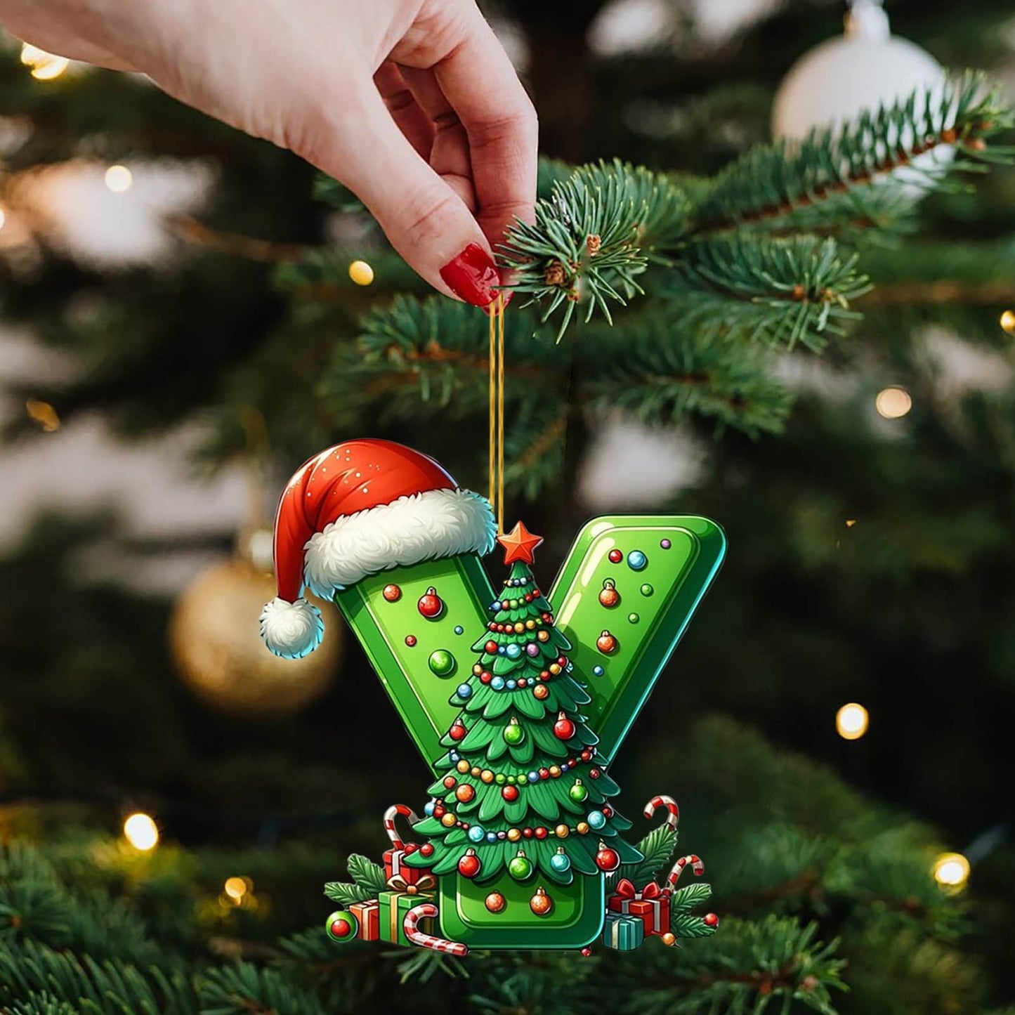 Personalized Diy Green 26 Initial Letter Monogram Ornaments,26 Letters Alphabet Christmas Ornaments With Santa Claus Mini Xmas Tree, For Christmas Tree,Holiday Hanging Decorations & Party Gifts
