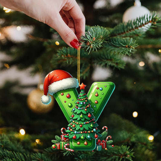 Personalized Diy Green 26 Initial Letter Monogram Ornaments,26 Letters Alphabet Christmas Ornaments With Santa Claus Mini Xmas Tree, For Christmas Tree,Holiday Hanging Decorations & Party Gifts