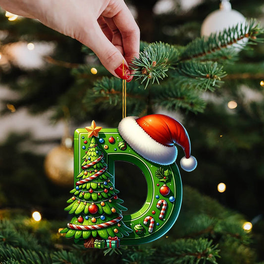 Personalized Diy Green 26 Initial Letter Monogram Ornaments,26 Letters Alphabet Christmas Ornaments With Santa Claus Mini Xmas Tree, For Christmas Tree,Holiday Hanging Decorations & Party Gifts