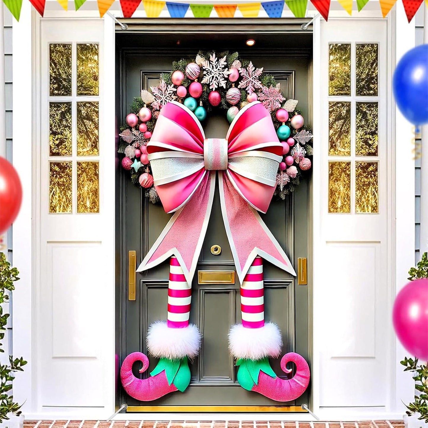Pink Christmas Decorations Door Cover For Front Door Decor, 3D Visual Effects Santa Claus Snowman Gnomes Pattern Banner Xmas Winter Seasonal Holiday Party Porch Wall Hanging Cover, 71 X 35 In