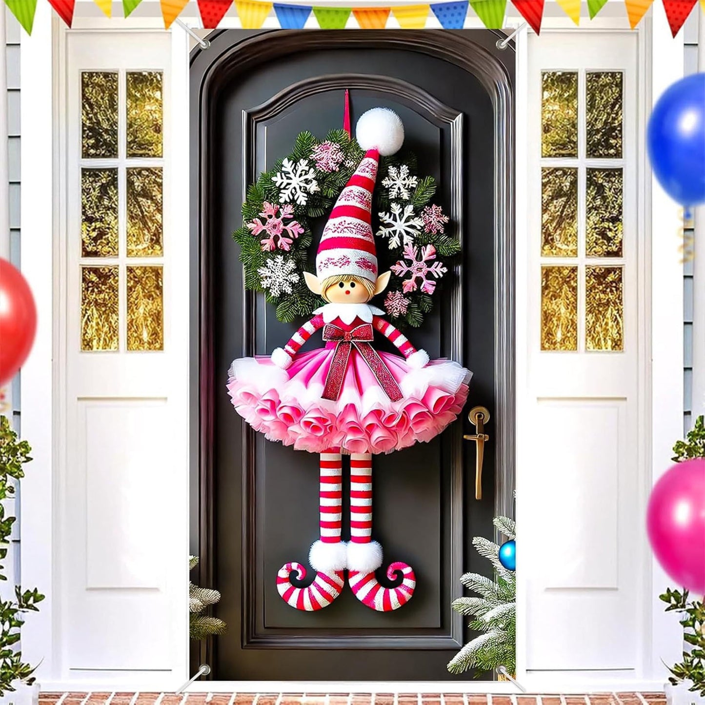 Pink Christmas Decorations Door Cover For Front Door Decor, 3D Visual Effects Santa Claus Snowman Gnomes Pattern Banner Xmas Winter Seasonal Holiday Party Porch Wall Hanging Cover, 71 X 35 In