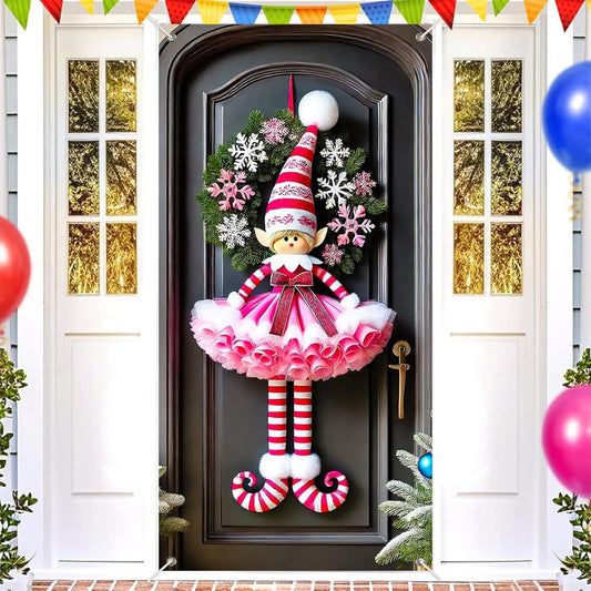 Pink Christmas Decorations Door Cover For Front Door Decor, 3D Visual Effects Santa Claus Snowman Gnomes Pattern Banner Xmas Winter Seasonal Holiday Party Porch Wall Hanging Cover, 71 X 35 In