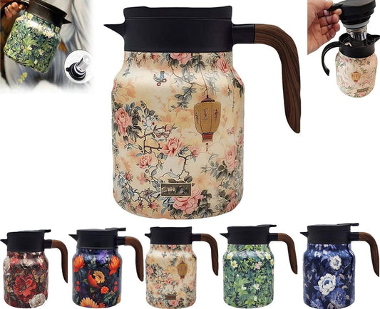 Raidley Vintage Floral Pattern Tea Thermos, Doresty Thermos Tea Pot, Tea Thermos With Infuser,Vintage Floral Pattern Tea-Built-In Infuser, Stainless Steel Thermal Carafe With Lid For Hot Drinks