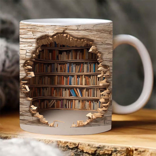 Rdeuod 3D Bookshelf Mug - 3D Effect Books Mugs,Space Design Multi-Purpose Ceramic Mug, A Library Shelf Cup, 3D White Mugs, Funny Coffee Latte Mug, Ceramic Cup Bookshelf Mugs for Readers