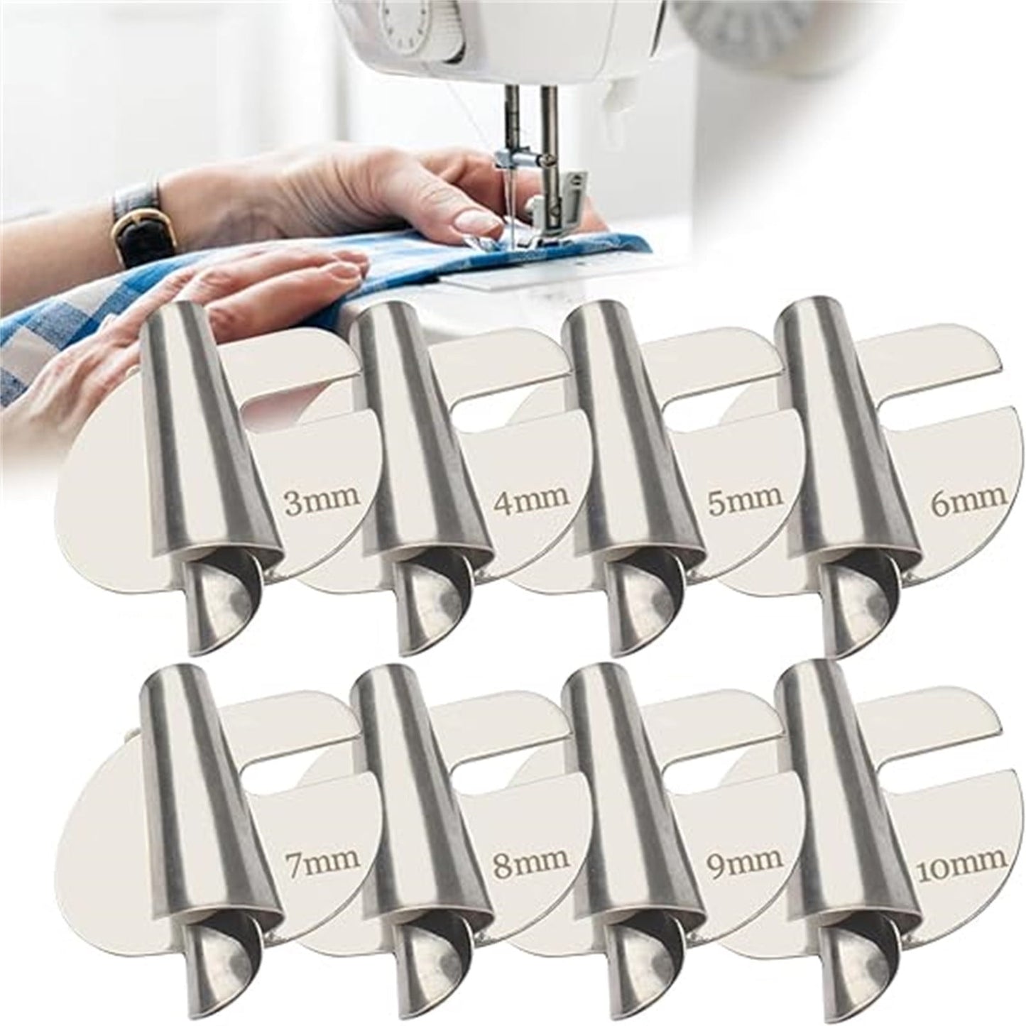 Rdeuod Universal Sewing Rolled Hemmer Foot,3mm-10mm Wide Rolled Hem Pressure Foot,Sewing Machine Presser Foot Hemmer Foot, Home Industrial Curved Scroll Hemmer Foot(8Pcs-3-10mm)