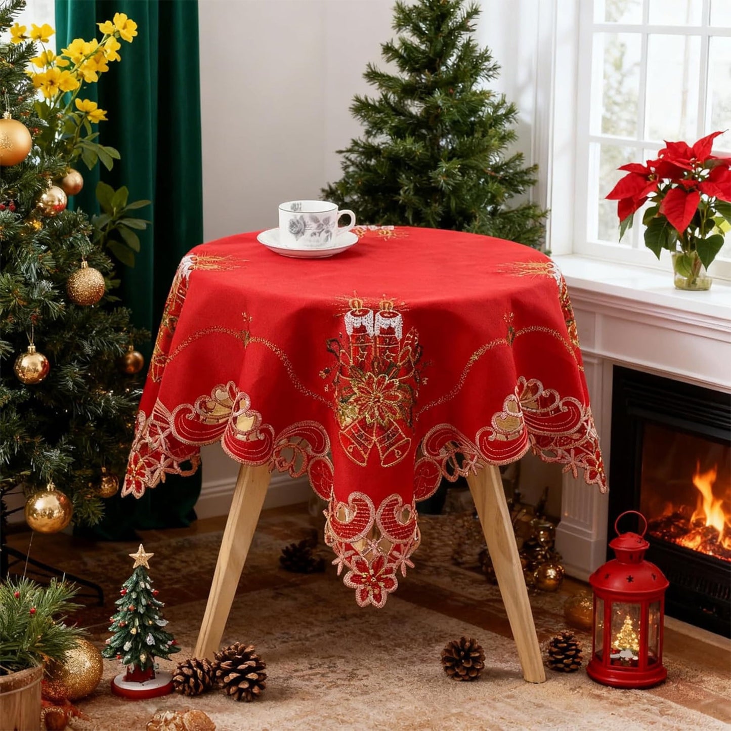 Red Christmas Tablecloth Round 80Cm,Red Christmas Candle Tablecloth Red Tablecloth Round Tablecloth Avoid Fouling,Holiday Gift Dusts Cloth,Polyester Holiday Dining Decor With Candle & Bell Pattern